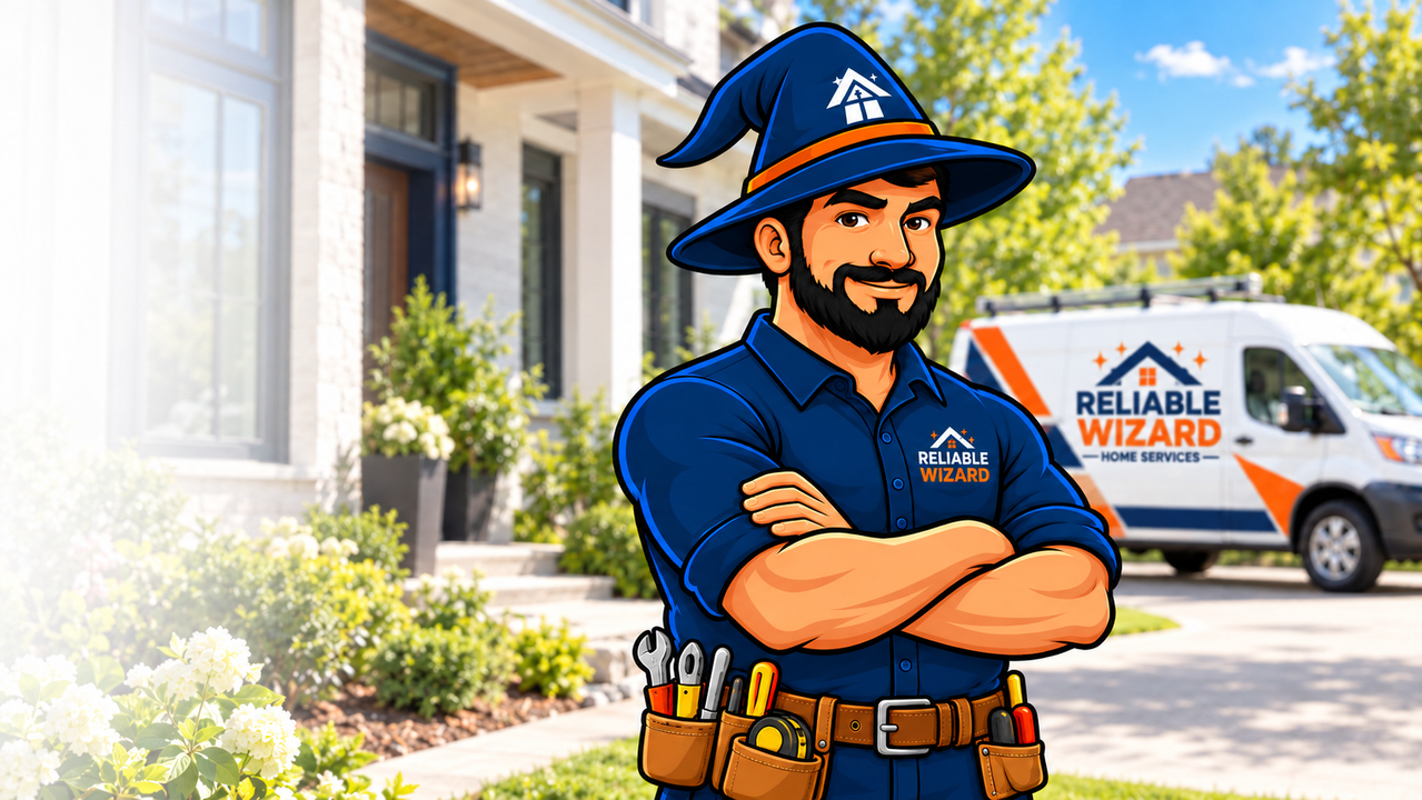 Reliable Wizard mascot with branded service van outside a home